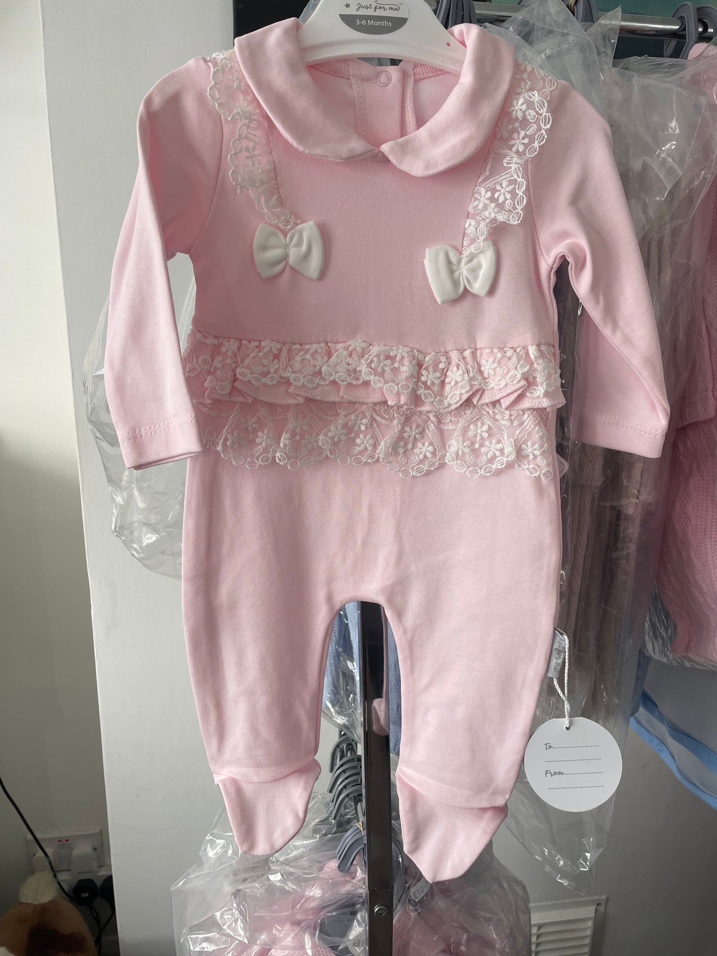 Coral Bow & Lace Sleepsuit 0-6M