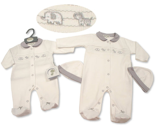 Ivory & Grey Smocked Animal Sleepsuit & Hat NB-6M