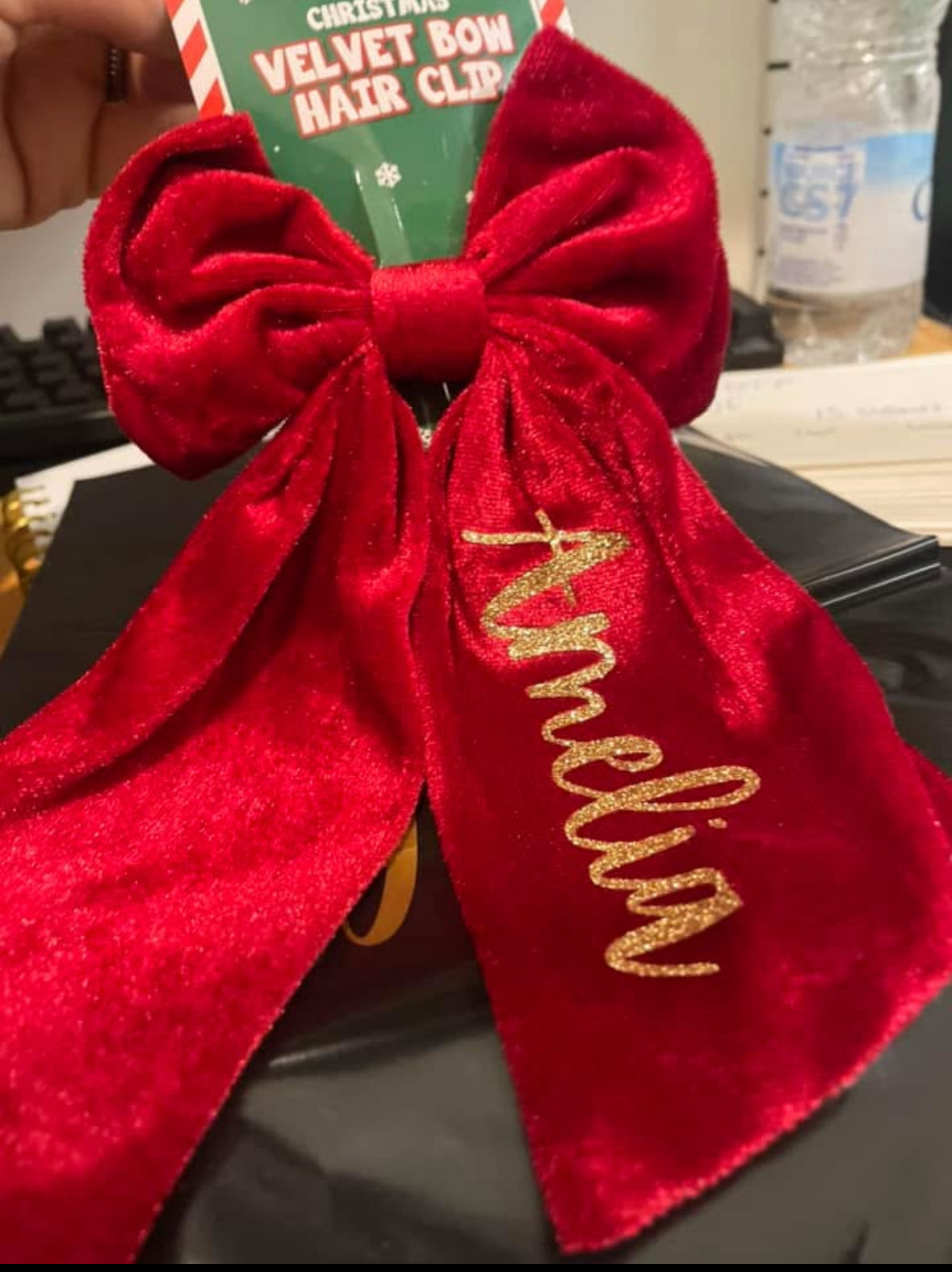 Red velvet hair bow  clip personalised with name