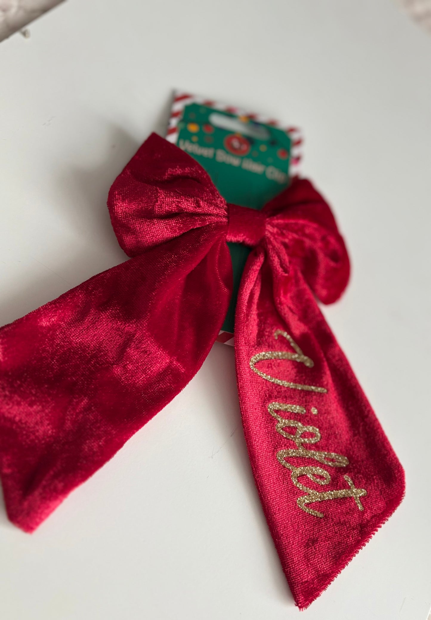 Red velvet hair bow  clip personalised with name